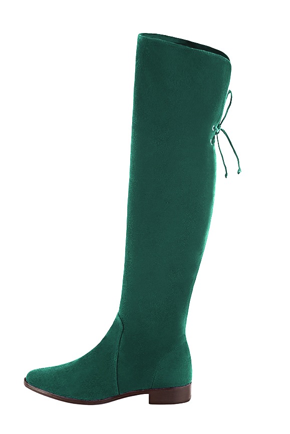 Emerald green women's leather thigh-high boots. Round toe. Flat leather soles. Made to measure. Profile view - Florence KOOIJMAN